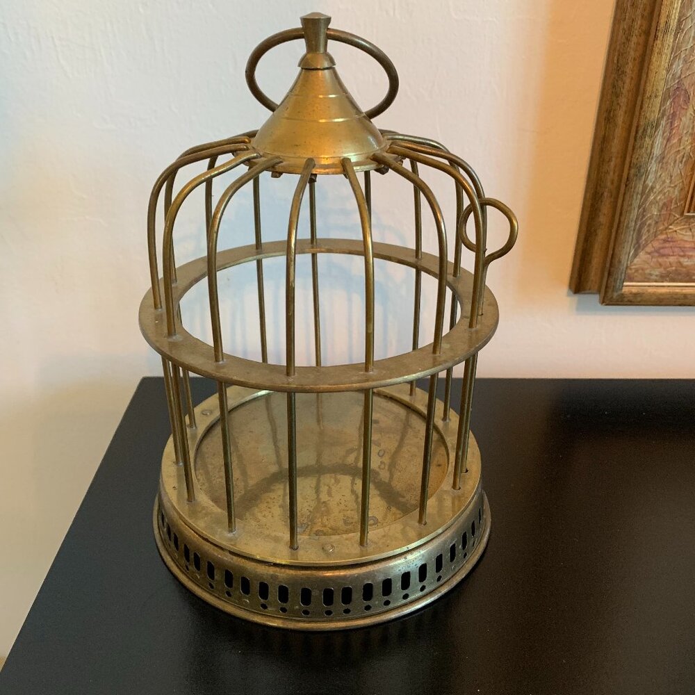 Solid Brass Bird Cage with Hanging Loop and Pin Key 9.5"x6.5" Vintage Decorative